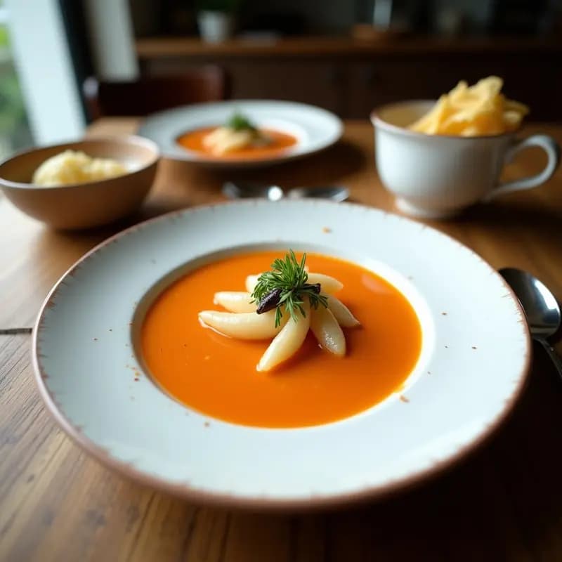 Cuenco blanco hondo con crema de espárragos blancos y wasabi keto, decorada con puntas de espárragos salteadas, semillas de sésamo tostadas y cebollino picado. Plato concreto con fondo de madera oscura y luz natural suave.