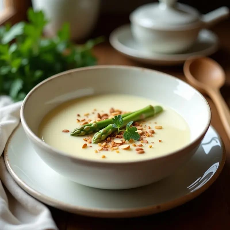 Cuenco blanco hondo con crema de espárragos blanco y almendras vegana, decorada con puntas de espárrago salteadas, almendras picadas y perejil fresco. Plato francés elegante y sin lácteos.