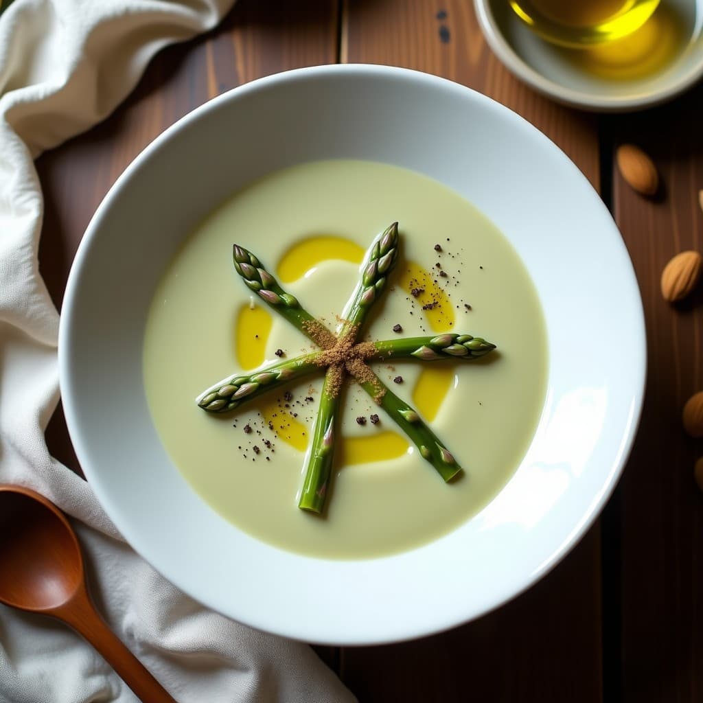 Crema de espárragos blancos y ajo negro keto en Thermomix servida en cuenco blanco hondo, con puntas de espárragos doradas y un hilo de aceite de oliva virgen extra, sobre fondo rústico de madera.