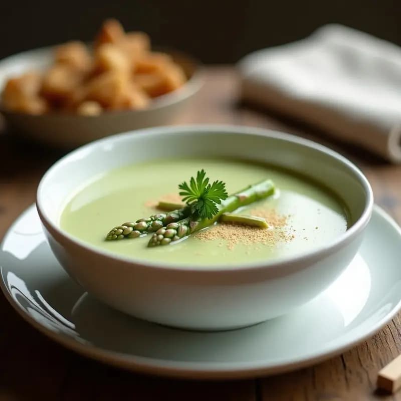 Cuenco blanco con crema de espárragos blancos y avena, decorada con puntas de espárragos y perejil fresco, sobre fondo rústico de madera con toalla de lino. Receta francesa keto con toque de nuez moscada.