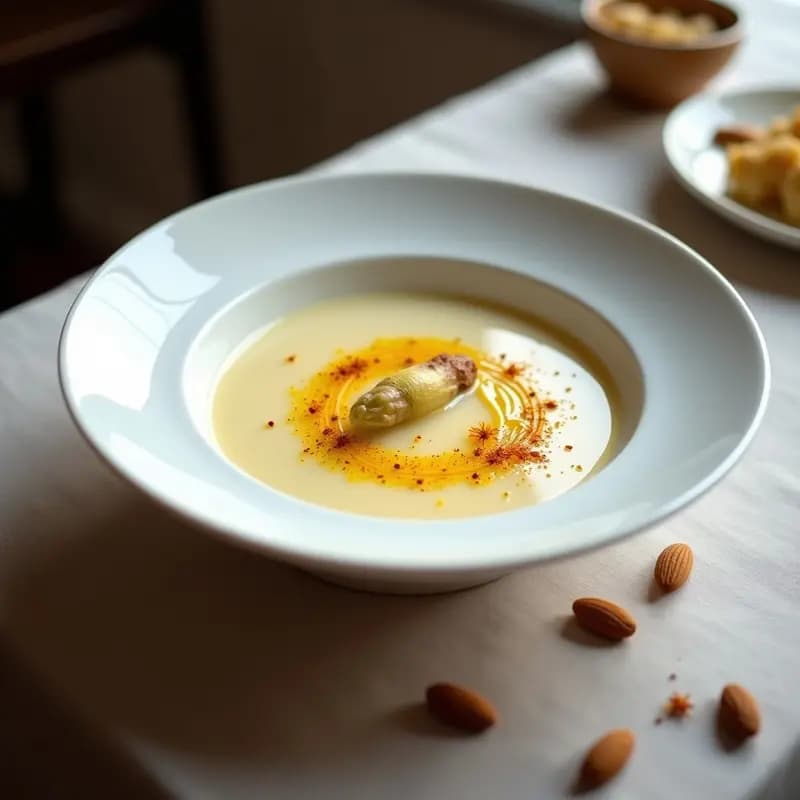 Cuenco de porcelana blanca con crema de espárragos blancos sedosa, coronada por una espuma dorada de azafrán y virutas crujientes de almendras tostadas. Plato elegante con fondo neutro y detalles de hebras de azafrán.