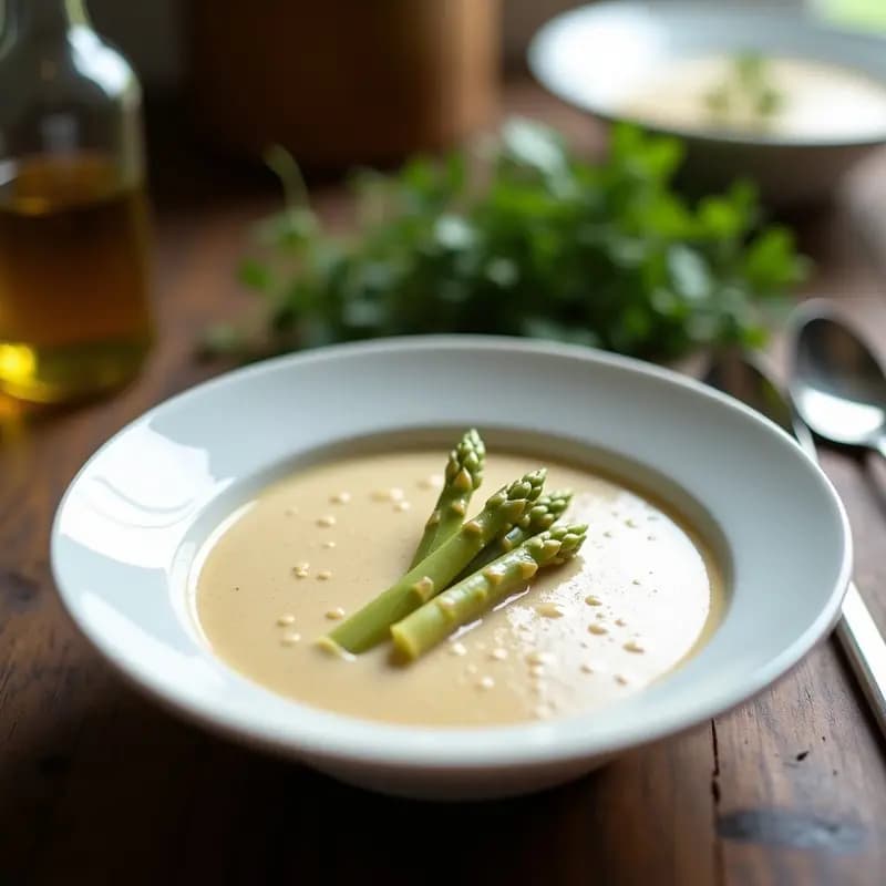 Plato hondo blanco con crema de espárragos blancos suave y sedosa, coronada con una espuma aireada de vinagre de Módena y decorada con puntas de espárragos. Fondos borrosos de cocina italiana elegante.
