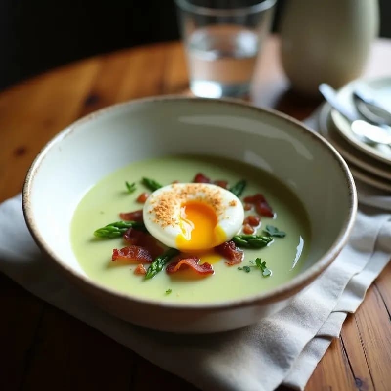Plato hondo blanco con crema de espárragos blancos suave y cremosa, coronada con un huevo escalfado de yema líquida, tocino ahumado dorado y crujiente, y perejil fresco picado. Receta francesa keto elegante y apetitosa.