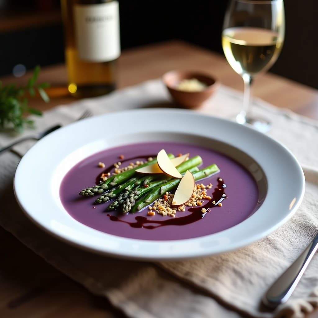 Plato hondo blanco con crema de espárragos morados de textura sedosa, decorada con puntas de espárragos violetas escaldadas, virutas finas de parmesano, almendras fileteadas doradas y un hilo de vinagre balsámico. Fondo borroso con mantel rústico y copas de vino.