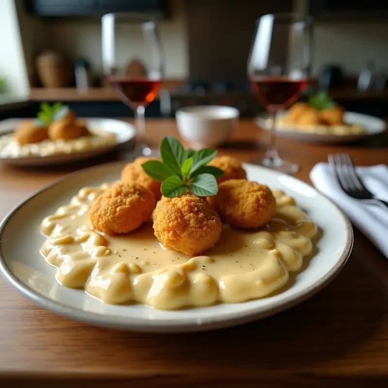 Plato hondo blanco con crema de espárragos blancos suave y brillante, coronada con nuggets dorados de pollo de garbanzo. Acompañado de un hilo de aceite de oliva virgen extra y una ramita de ajenjo como decoración. Receta vegana alta en proteínas.