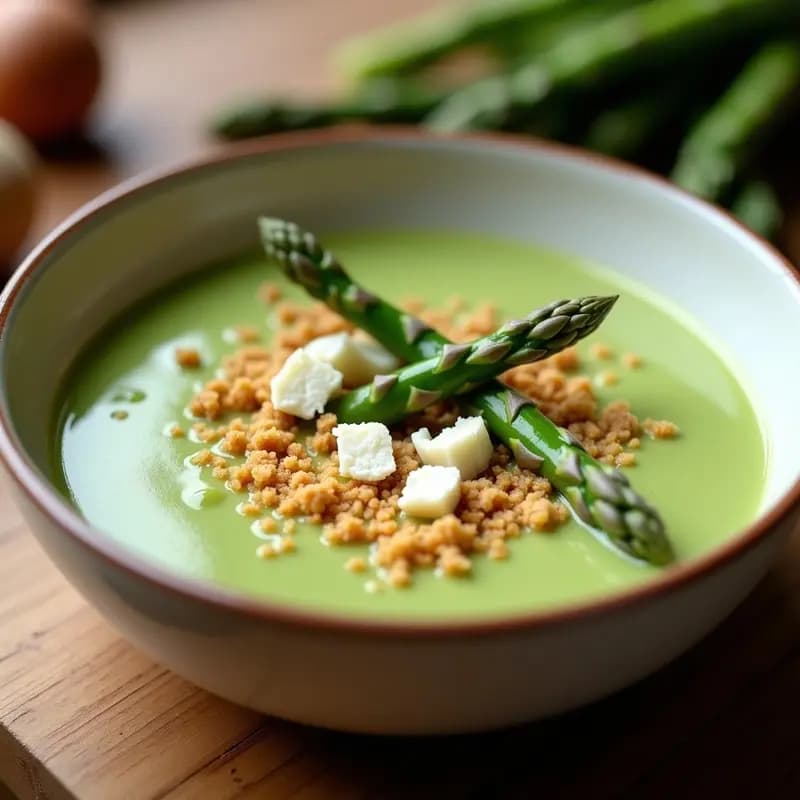 Cuenco hondo de cerámica blanca con crema de espárragos tranqueros de color verde intenso, trozos de espárragos enteros, queso de cabra desmigado y crumble de nueces doradas. Fondos borrosos de cocina rústica con un hilo de aceite de oliva virgen extra.