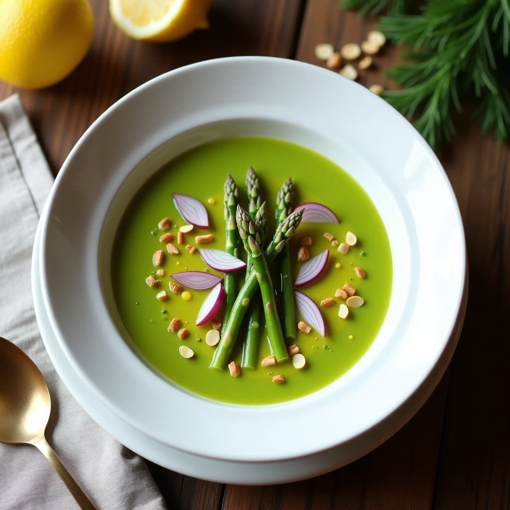 Crema fría de espárragos Trinidad en cuenco blanco, con decoración de puntas de espárragos, cebolla morada, almendras tostadas y vinagreta de limón y eneldo. Plato refrescante y vegano.