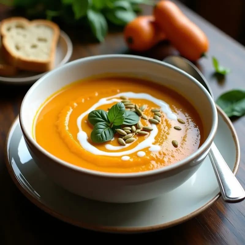 Cuenco blanco con crema de espinacas y acelgas con batata vegana, decorada con semillas de calabaza y un chorrito de aceite de oliva, sobre fondo de madera rústica.