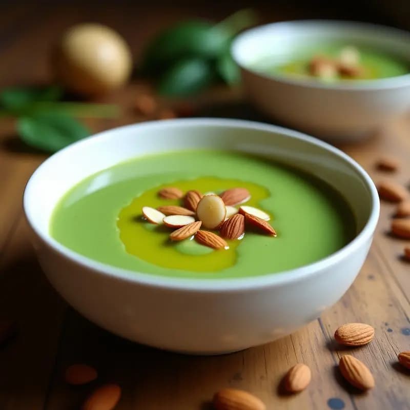 Cuenco blanco con crema de espinacas de color verde intenso, coronada con almendras fileteadas tostadas y un hilo de aceite de oliva. Plato reconfortante y alto en vitamina E.