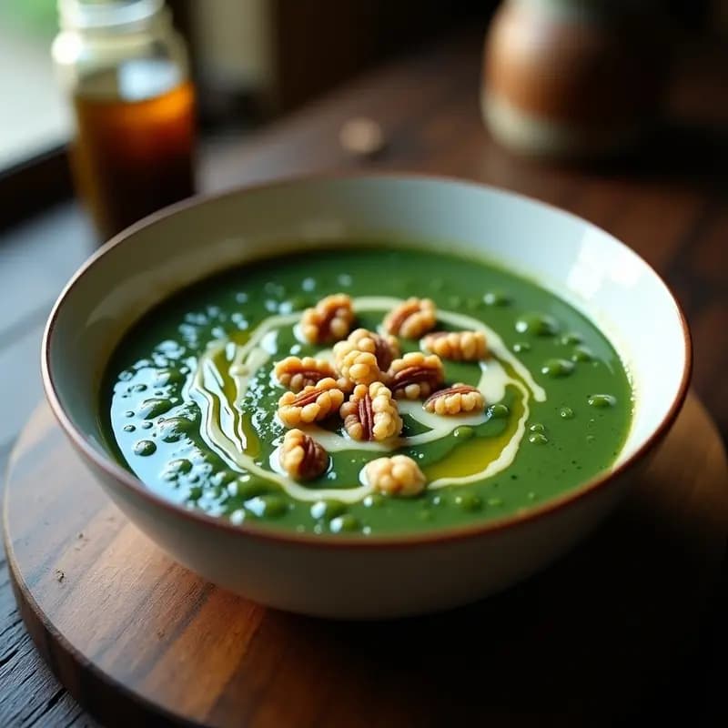 Cuenco blanco con crema de espinacas y gorgonzola humeante, decorada con nueces tostadas y un hilo de aceite de oliva. Plato de fondo oscuro para resaltar el color verde intenso y el azul del queso.