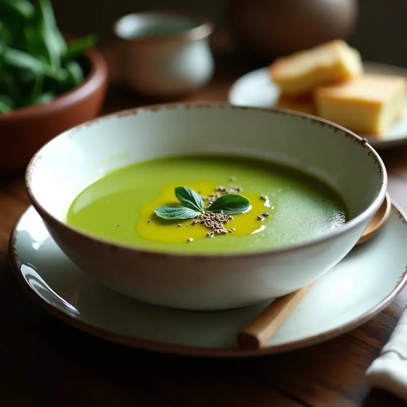 Cuenco blanco de cerámica con crema de espinacas de color verde intenso, espolvoreada con hierbas provenzales y un hilo de aceite de oliva virgen extra, servida con una cuchara de madera sobre fondo rústico.