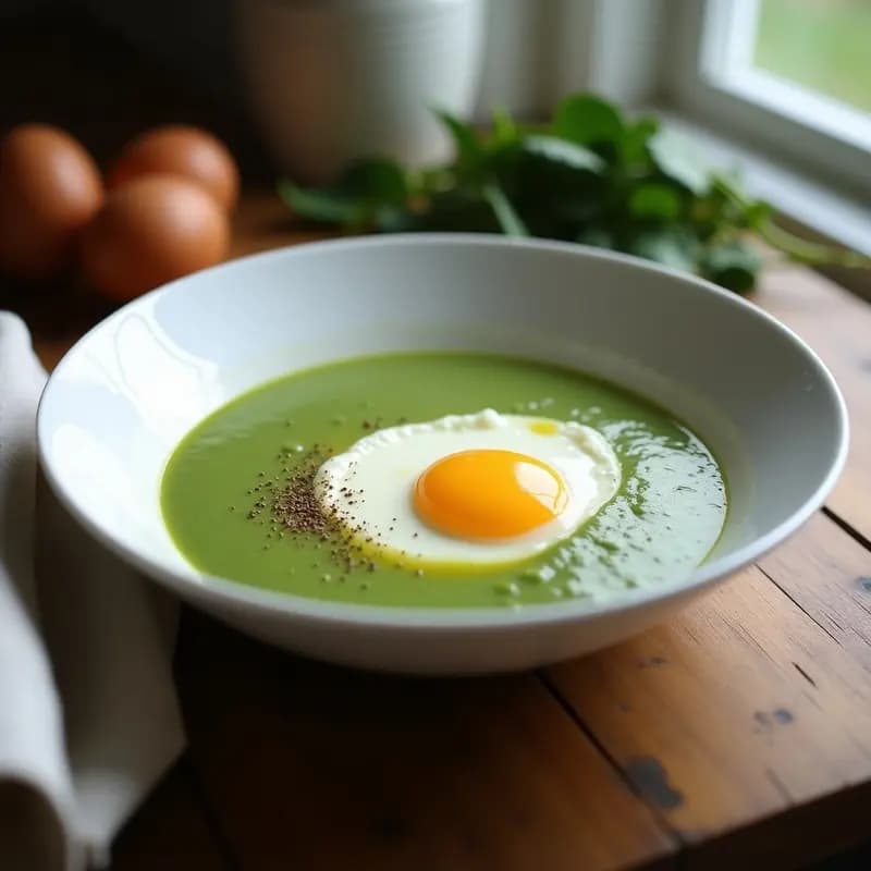 Plato hondo blanco con crema de espinacas de color verde intenso, coronado con un huevo pochado de yema líquida y un hilo de aceite de oliva, receta light y reconfortante.