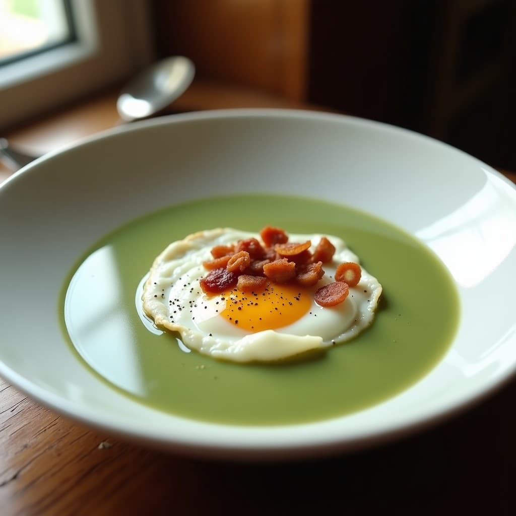 Plato hondo de porcelana blanca con crema de espinacas y queso azul de color verde intenso y vetas azules, coronada con un huevo campero, crujiente de bacon de almendras doradas y pimienta negra. Receta francesa keto con fondo rústico de madera.
