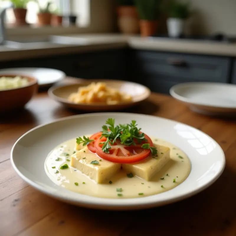 Cuenco blanco con crema de espinacas y tofu ahumado, textura sedosa y color verde intenso, decorado con semillas de sésamo y hilo de aceite de oliva, sobre fondo de madera rústica.
