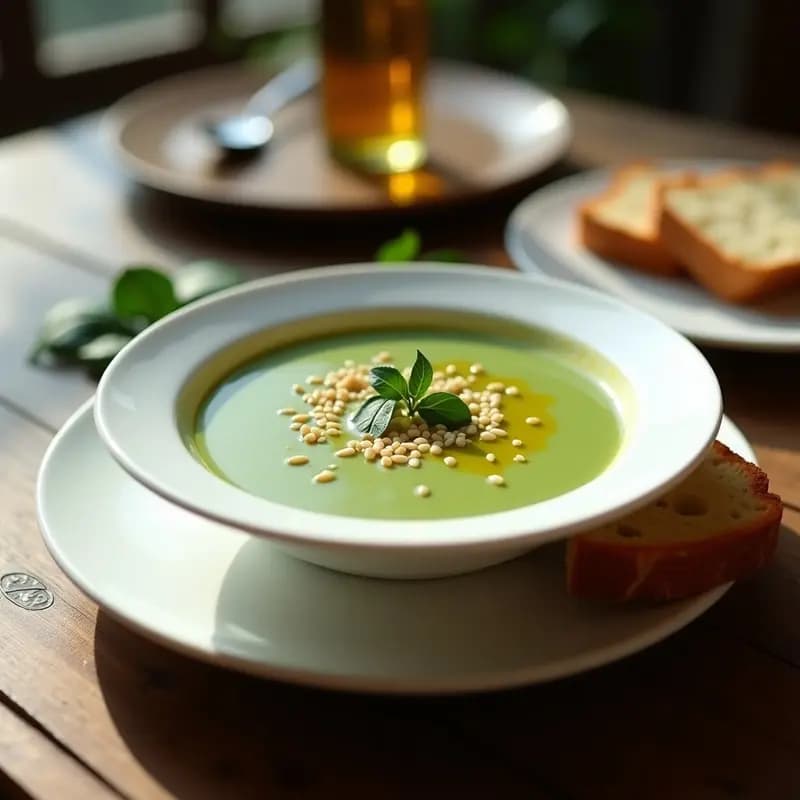 Cuenco de cerámica blanca con crema de espinacas y tofu seda vegana, textura aterciopelada, decorada con hilo de aceite de oliva y semillas de sésamo, fondo rústico de madera.