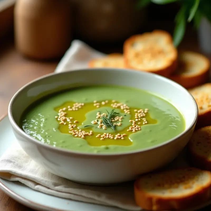 Cuenco blanco con crema de espinacas de color verde intenso, decorada con un hilo de aceite de oliva y semillas de ajonjolí. Acompañada de tostadas doradas con ajonjolí crujiente sobre un mantel de lino.