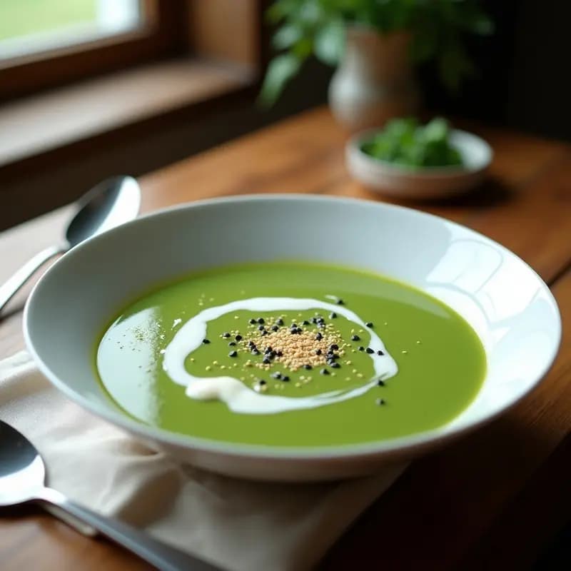 Cuenco blanco con crema de espinacas para tupper de color verde intenso, decorado con un hilo de nata y semillas de sésamo, sobre fondo de madera rústica.