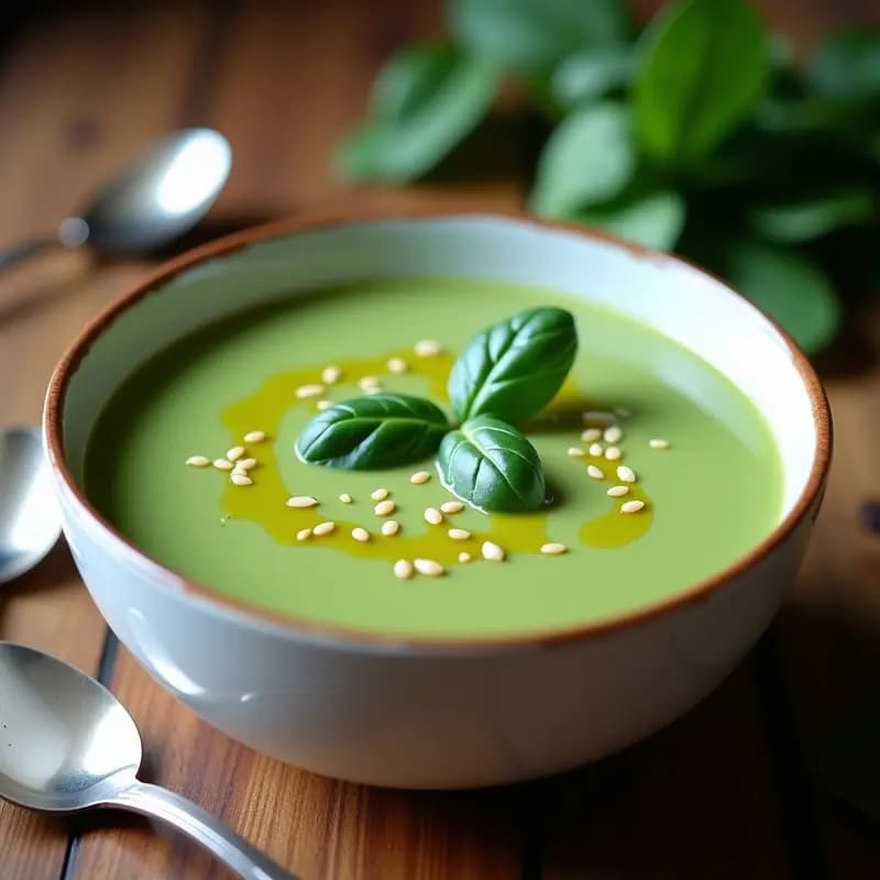 Cuenco de cerámica blanca con crema de espinacas verde intenso, decorada con un hilo de aceite de oliva y semillas de sésamo, sobre fondo de madera rústica. Receta para tupper de 24h.