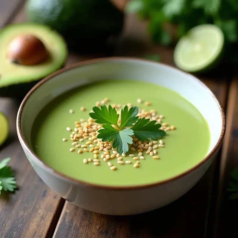 Cuenco blanco rústico con crema fría de aguacate y cilantro, decorada con semillas de sésamo y rodajas de lima, sobre fondo de madera oscura.