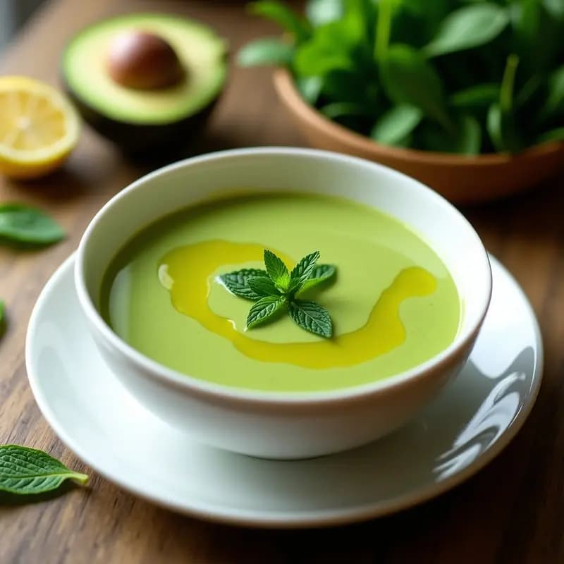 Cuenco blanco con crema fría de aguacate y espinaca de color verde vibrante, decorada con hojas de menta fresca y un hilo de aceite de oliva virgen extra, acompañada de rodajas de limón.
