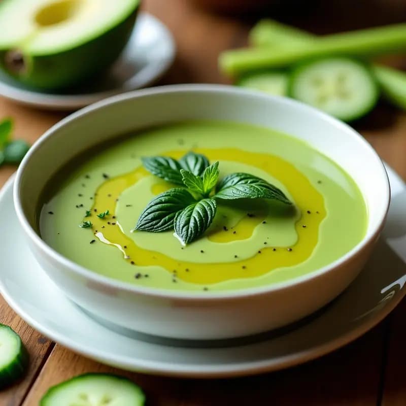 Cuenco de cerámica blanca con gaspatxo verde cremoso de aguacate y espinacas, decorado con hojas de menta y un chorrito de aceite de oliva. Fondo rústico con trozos de manzana y pepino alrededor.