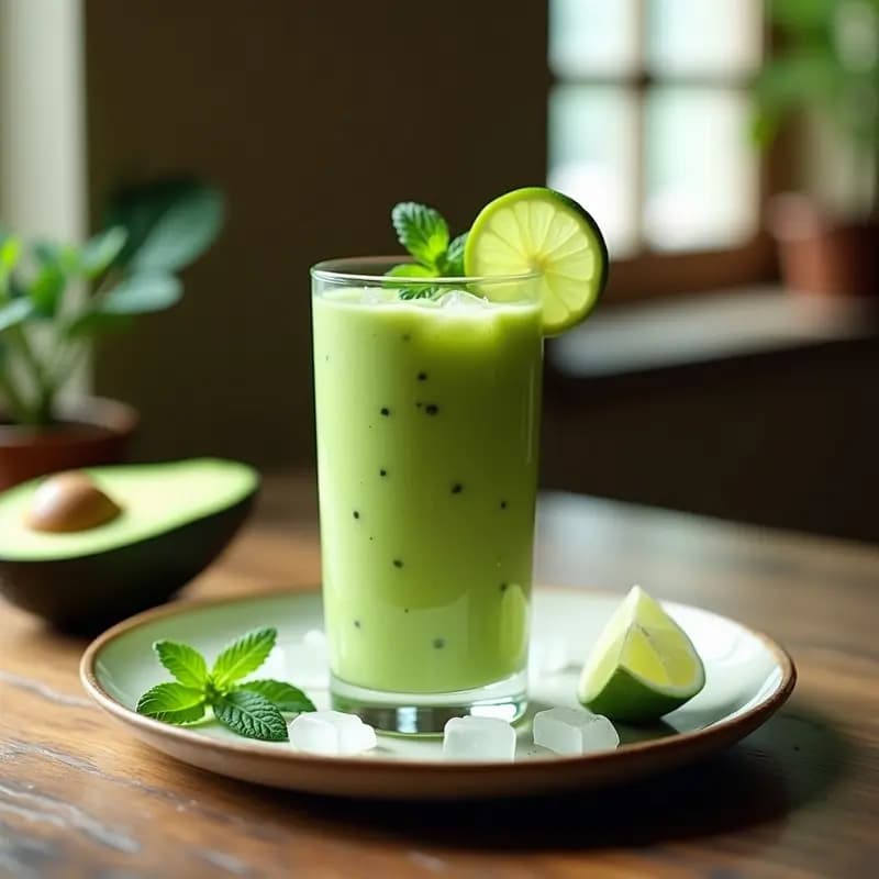 Vaso alto transparente con crema fría de aguacate y pepino, color verde vibrante, decorado con rodaja de limón y hoja de menta, sobre fondo de madera rústica con hielo picado.