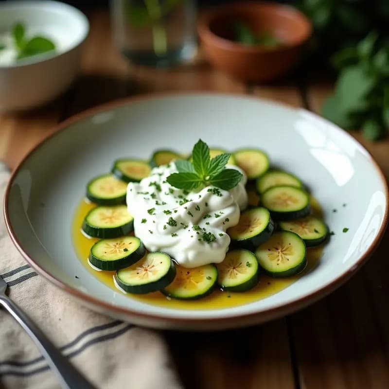 Cuenco blanco con crema fría de calabacín y menta con yogur, decorada con hojas de menta fresca y un hilo de aceite de oliva sobre fondo rústico de madera.