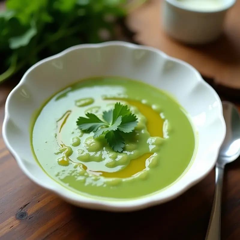 Cuenco de porcelana blanca con crema fría de calabacín y espinacas de color verde vibrante, decorada con hojas de cilantro y un hilo de aceite de oliva, servida sobre una mesa de madera rústica.