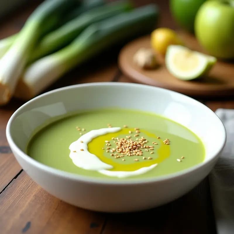 Bowl blanco con crema fría de puerro y manzana, decorada con yogur de soja, semillas de sésamo y un hilo de aceite de oliva, sobre fondo de madera rústica.