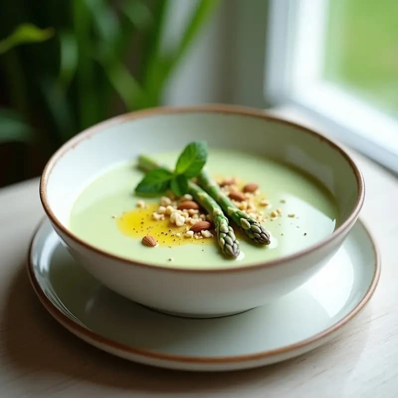 Cuenco blanco con crema fría de espárragos blancos, decorada con puntas de espárragos, almendras picadas, hilo de aceite de oliva y hojas de menta fresca.