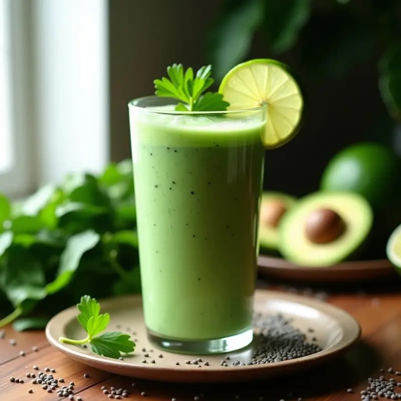 Cuenco de cerámica blanca con crema fría de espinacas yucateca, decorada con trozos de aguacate, semillas de sésamo y un hilo de aceite de oliva, sobre una mesa de madera rústica con totopos de maíz al lado.