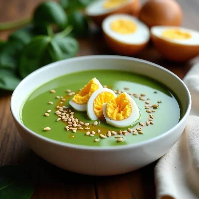 Cuenco blanco con crema fría de espinacas de color verde intenso, decorada con huevos duros picados, semillas de sésamo tostadas y un hilo de aceite de oliva virgen extra. Plato de verano refrescante y saludable.
