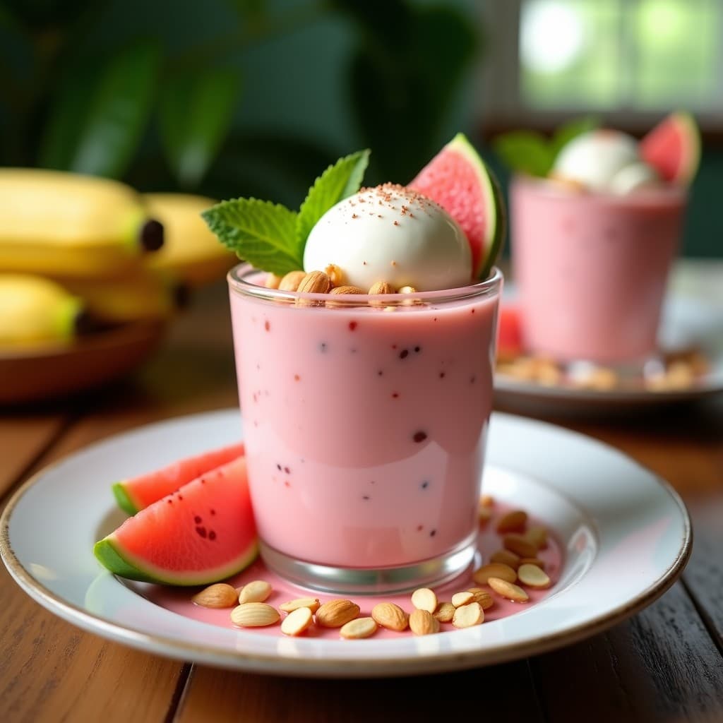Copa de cristal transparente con crema fría de guayaba de color rosado pálido, coronada por una bola de helado de yogur griego blanco. Decorada con rodajas de guayaba, hojas de menta fresca, almendras fileteadas tostadas y un toque de pimienta rosa. Fondo borroso con elementos tropicales como hojas de plátano.