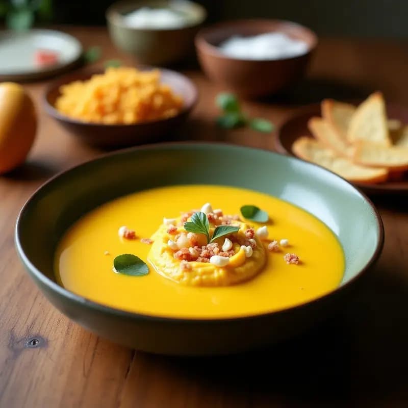Cuenco blanco con crema fría de mango y cúrcuma de color amarillo dorado, espolvoreada con virutas de coco tostado crujientes y un toque de pimienta negra. Fondos de hojas de menta y rodajas de limón como decoración, sobre una mesa de madera rústica.