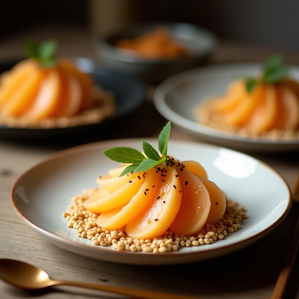 Cuenco de porcelana blanca con crema fría de melón y jengibre, color crema suave, decorada con rodajas de melón fresco, hojas de menta y un generoso puñado de semillas de sésamo tostadas doradas. Plato refrescante de cocina china, con fondo de mesa de madera rústica y luz natural.