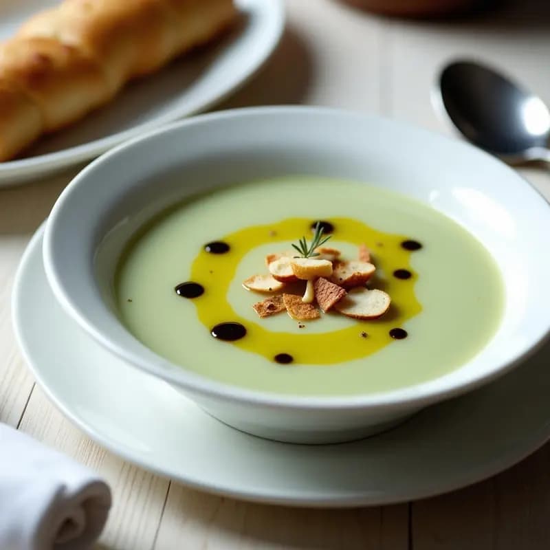 Tazón blanco de porcelana con crema fría de puerro y trufa, decorada con almendras laminadas tostadas y un hilo de aceite de trufa negra. Plato elegante sobre fondo de madera clara con cubiertos de acero.