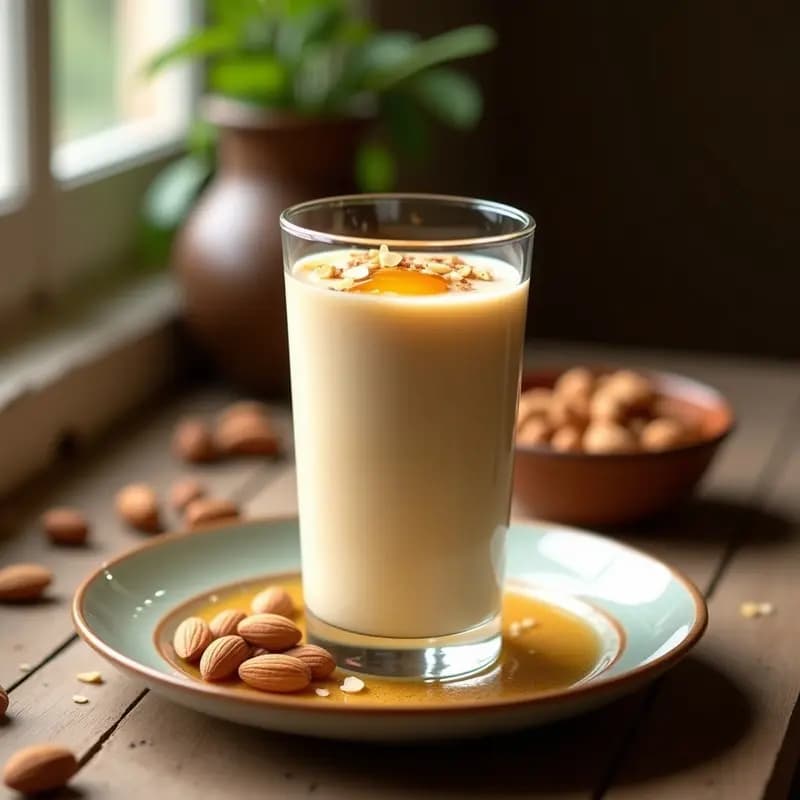 Vaso de cristal alto con crema de frutos secos andaluza espesa, decorada con almendras fileteadas y un hilo de miel de romero, sobre fondo rústico de madera.