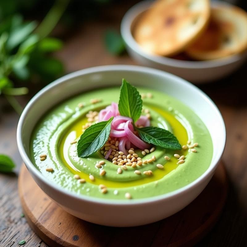 Cuenco de cerámica blanca con crema de guisantes verde brillante, decorada con cebolla morada encurtida, hojas de hierbabuena fresca y semillas de sésamo tostadas. Un hilo de aceite de oliva virgen extra brilla sobre la superficie. Fondo rústico con pan de pita tostado al lado.