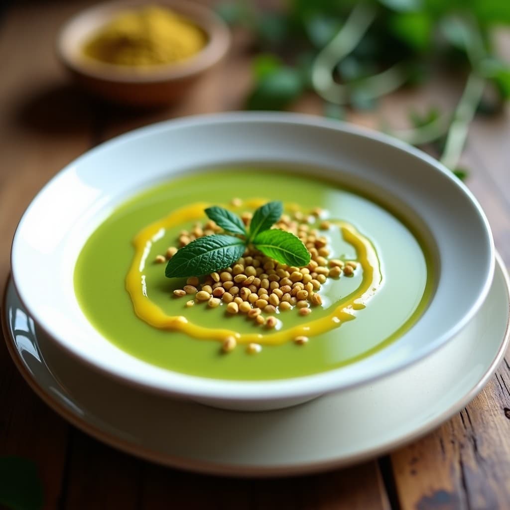 Cuenco blanco con crema de guisantes de color verde vibrante, decorada con un hilo dorado de aceite de pistacho y pistachos picados. Hoja de mentolado fresco como adorno. Fondo borroso con texturas rústicas y luz natural.