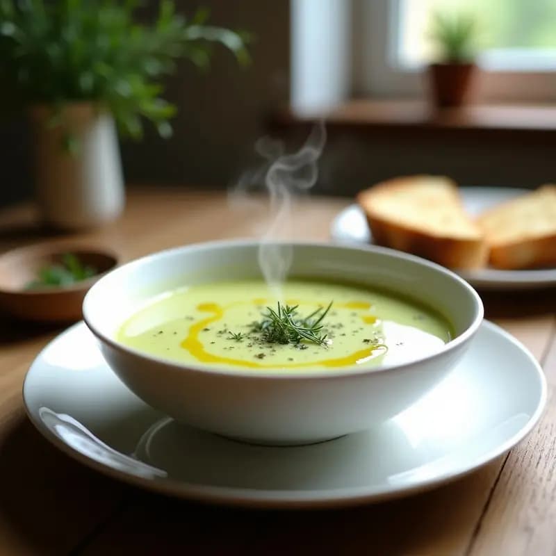 Cuenco blanco con crema de hierbas de Provenza en Thermomix, textura sedosa, decorada con hierbas frescas y hilo de aceite de oliva sobre fondo rústico.