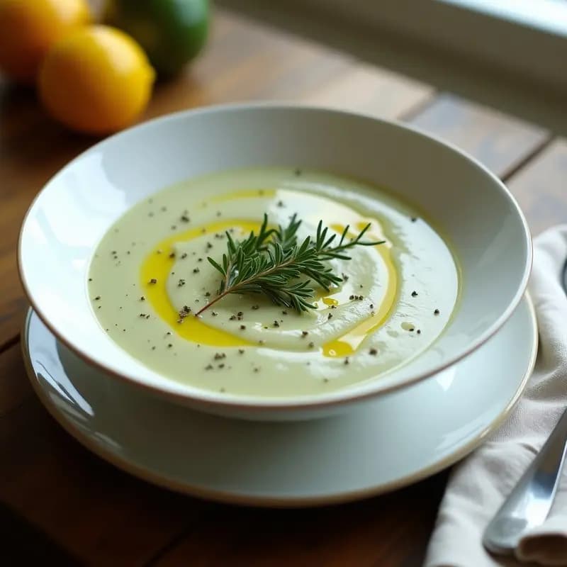 Cuenco blanco con crema de hierbas provenzales espesa, decorada con hierbas frescas y un hilo de aceite de oliva, sobre fondo rústico de madera.