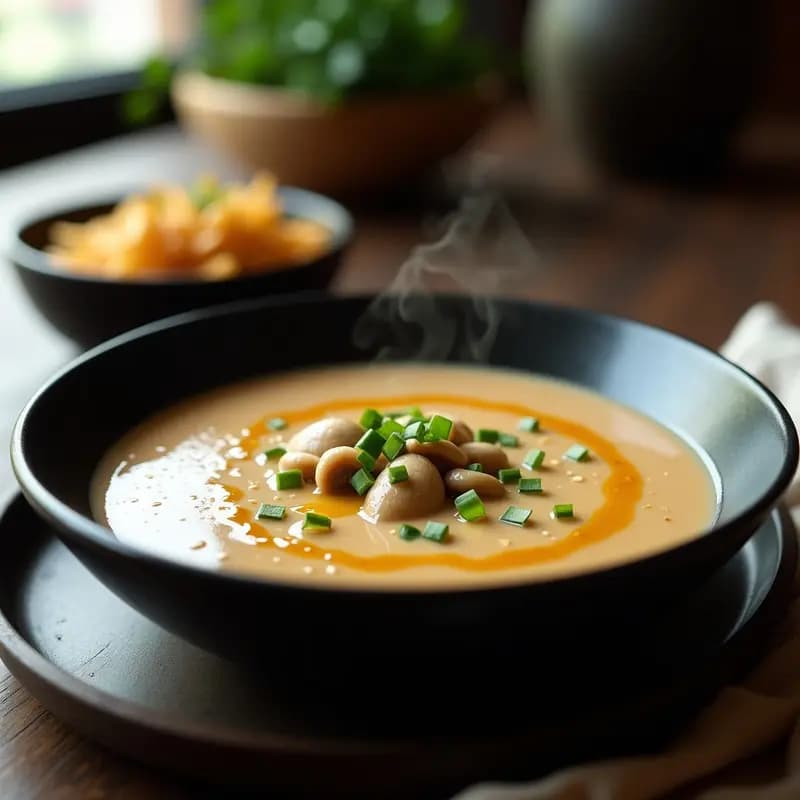 Bowl negro de cerámica con crema de hongos shitake y jengibre, decorada con aceite de sésamo y cebollino fresco, receta Thermomix antinflamatoria.