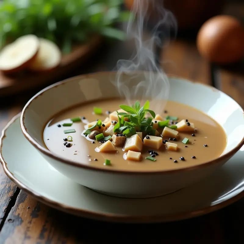 Cuenco blanco hondo con crema de hongos shiitake y tofu ahumado, espolvoreada con cebollino fresco y semillas de sésamo negro, sobre fondo de madera oscura.