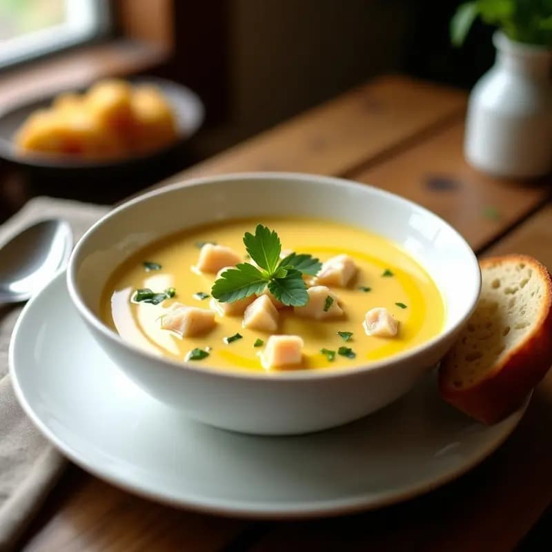Bowl blanco elegante con crema de palmito y cangrejo espesa, decorada con perejil fresco y un hilo de aceite de oliva, servida con pan tostado.