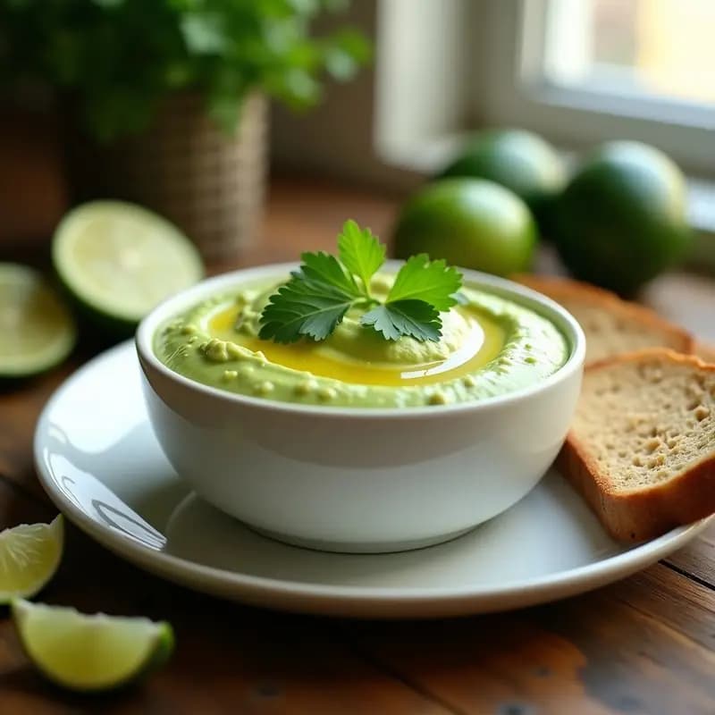 Bol de cerámica blanca con crema de paltas vegana de color verde vibrante, decorada con hojas de cilantro y un chorrito de aceite de oliva, acompañada de tostadas integrales y rodajas de limón al lado.