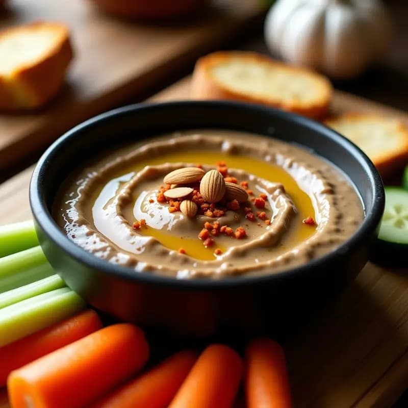 Bol de cerámica negra con crema de pan tostado y ajo negro, decorada con almendras picadas y un hilo de aceite de oliva, acompañada de bastones de zanahoria y apio.