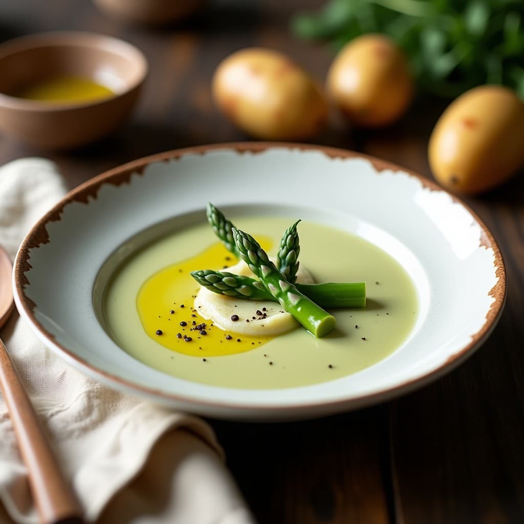 Cuenco hondo de cerámica blanca con crema de papa y espárragos de color verde claro, decorada con puntas de espárragos trigueros al dente, un hilo dorado de aceite de oliva virgen extra y pimienta negra molida. Plato servido sobre una mesa de madera rústica con un paño de lino beige y una cuchara de madera al lado.
