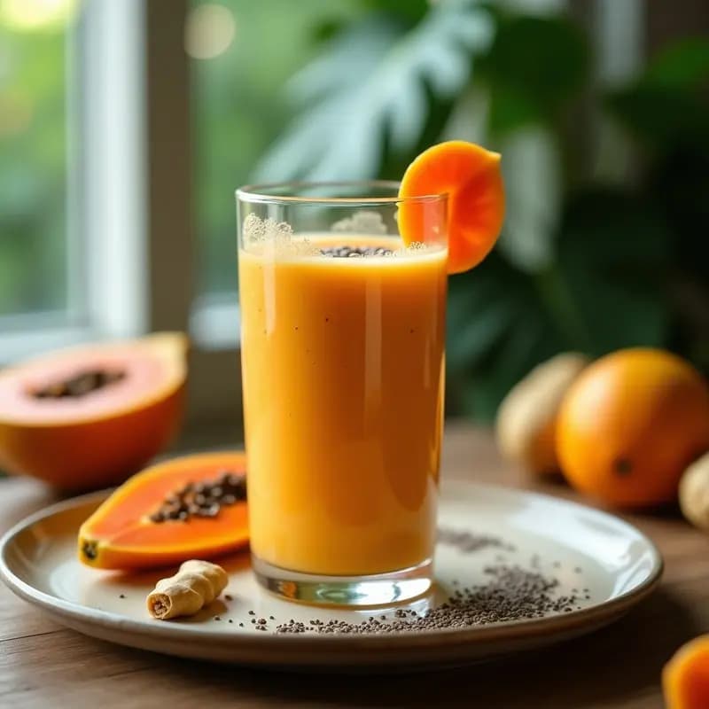 Vaso alto transparente con crema de papaya espumosa, decorada con semillas de chía y rodajas de jengibre fresco, sobre una mesa de madera con fondo borroso de hojas tropicales.