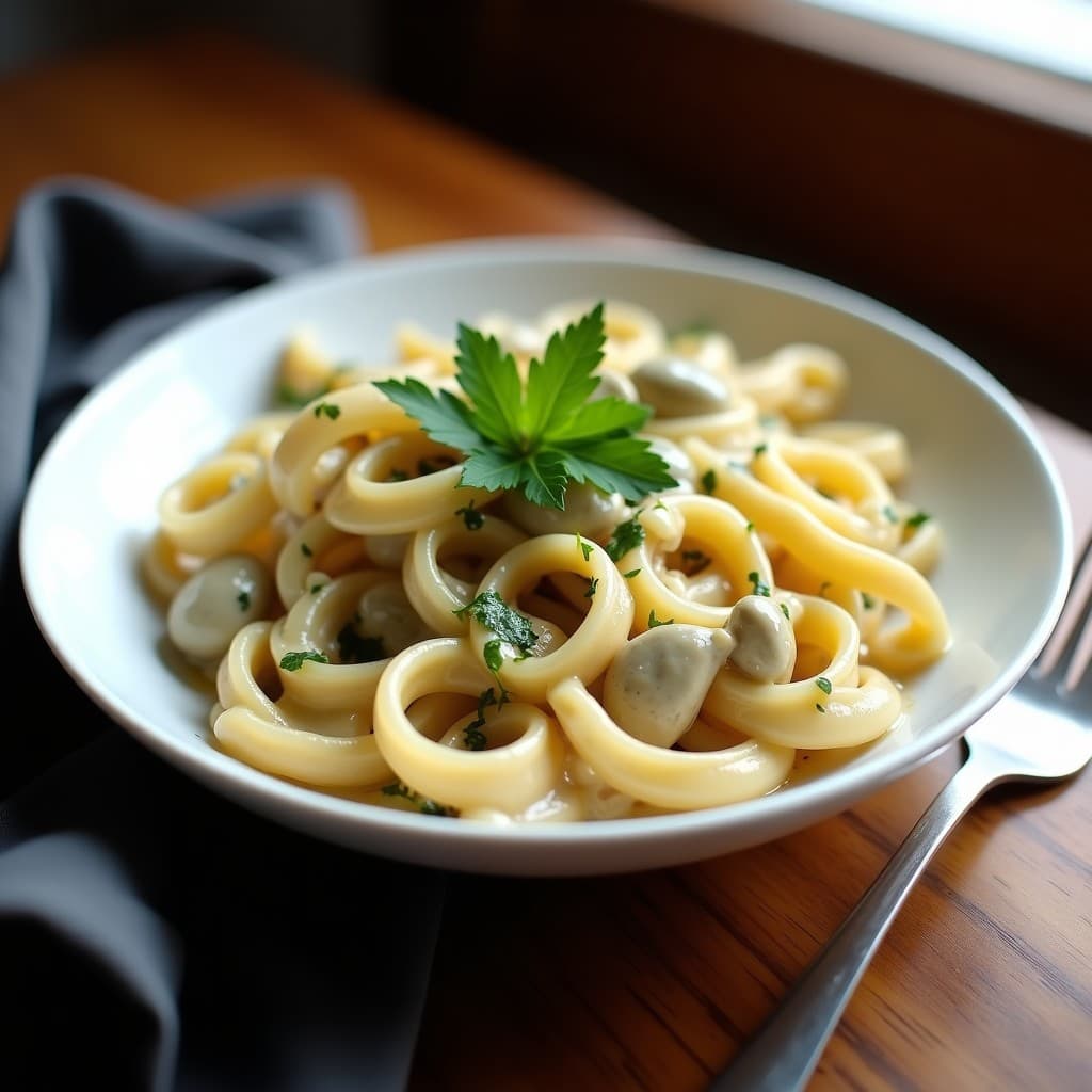 Plato hondo blanco con crema de pasta integral, alcachofas troceadas y tofu sedoso desmenuzado, decorado con perejil fresco y un hilo de aceite de oliva. Receta vegana de crema de pasta con alcachofas.
