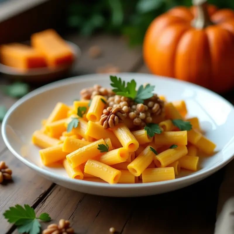 Plato hondo blanco con crema de pasta integral bañada en salsa naranja de calabaza ahumada, decorada con nueces tostadas y perejil fresco, receta vegana rápida.